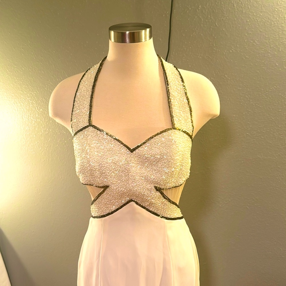 Vintage halter winter white formal gown w iridescent beading by Precious Formals